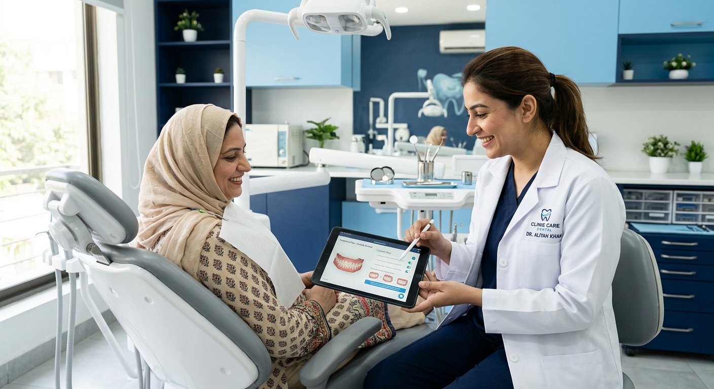 Clinic patient consultation, illustrative dental-care visual
